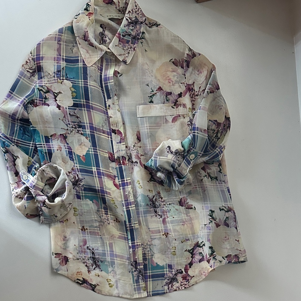 TYLHO by Anthropologie Silk Floral and Plaid Women’s Shirt